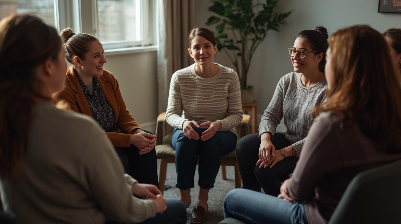 Group therapy session in Massachusetts with counselor and clients seated in a circle.