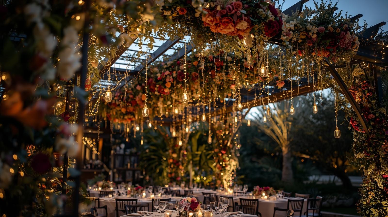 Custom metal pergola at a wedding reception with hanging string lights and floral arrangements
