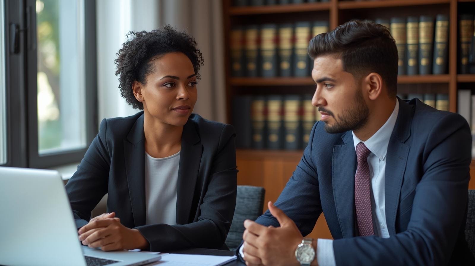 Employment lawyer meeting with a concerned worker in a law office, discussing protection for a workplace retaliation case.