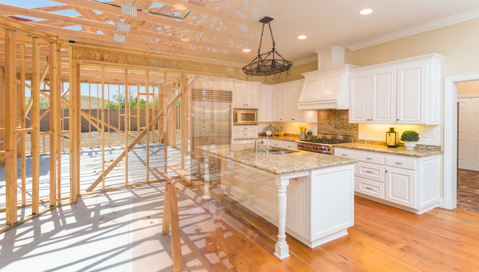 Split-view of a kitchen remodel showing unfinished framing on the left and a completed modern kitchen with white cabinets and granite countertops on the right.