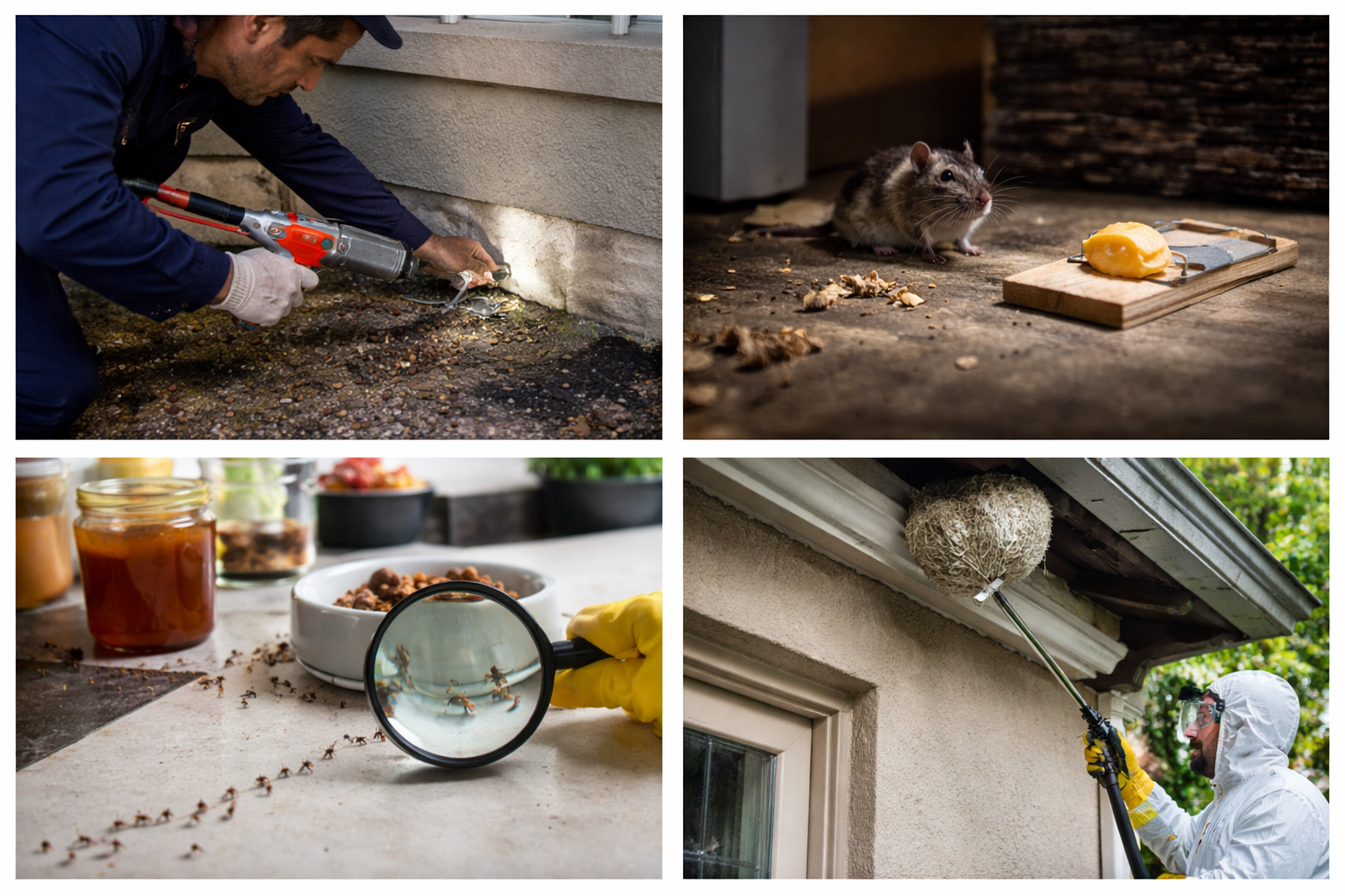 Four-image collage showing pest control work, including sealing a foundation gap, a mouse near a snap trap, an ant trail on a kitchen counter under a magnifying glass, and a technician removing a wasp nest under a roof eave.