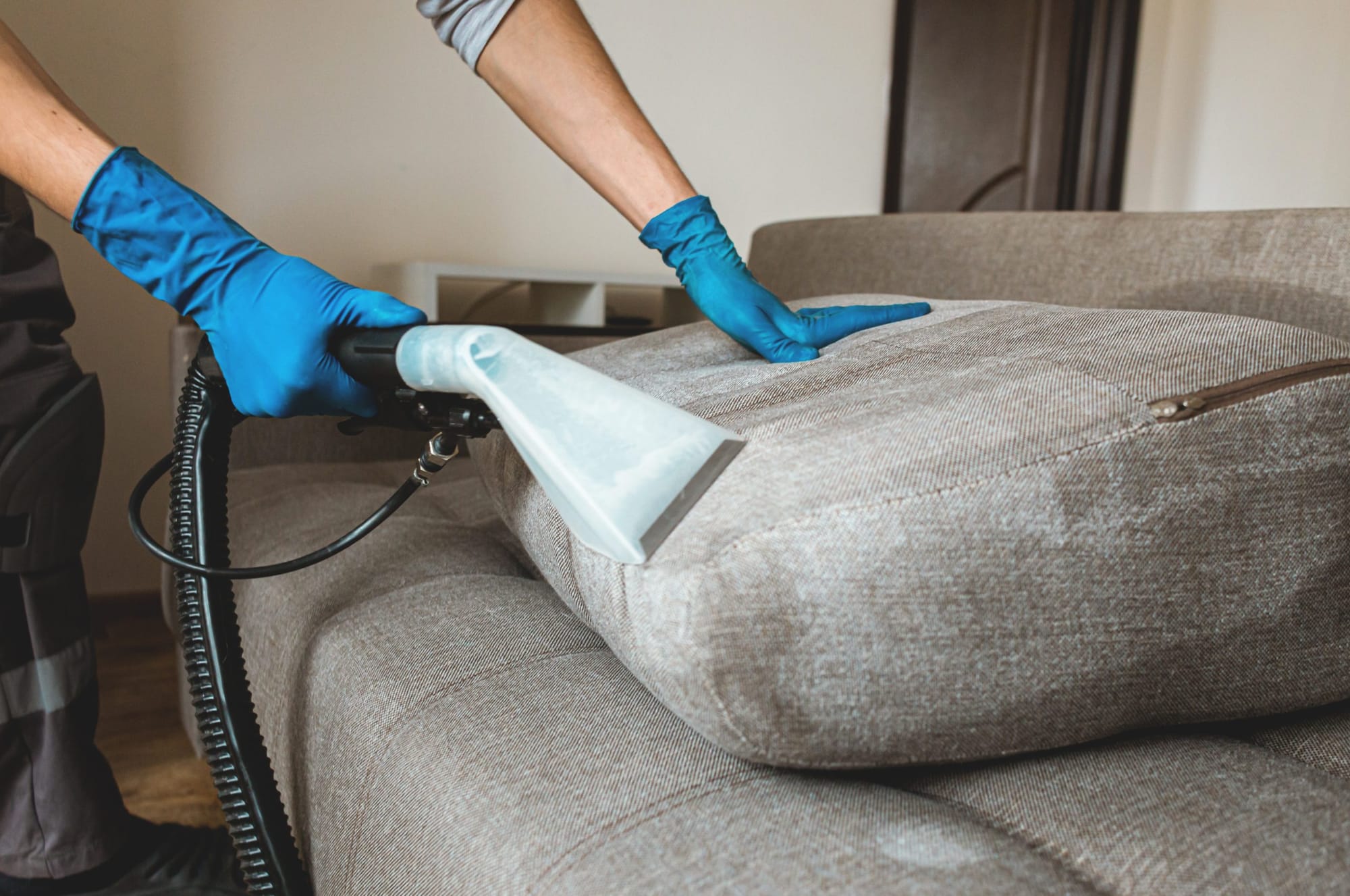 Person using a steam cleaning tool on a fabric couch cushion with visible wet cleaning areas.