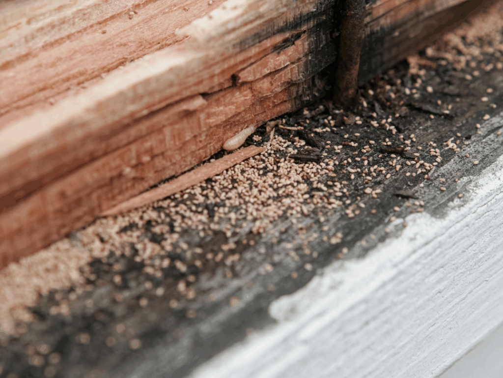 Close-up of termite damage on wood with visible tunnels and frass.