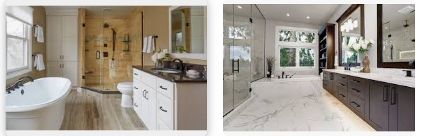 Side-by-side modern bathrooms with freestanding tubs, glass showers, and dual-sink vanities in warm and marble finishes. Modern kitchen on the right.