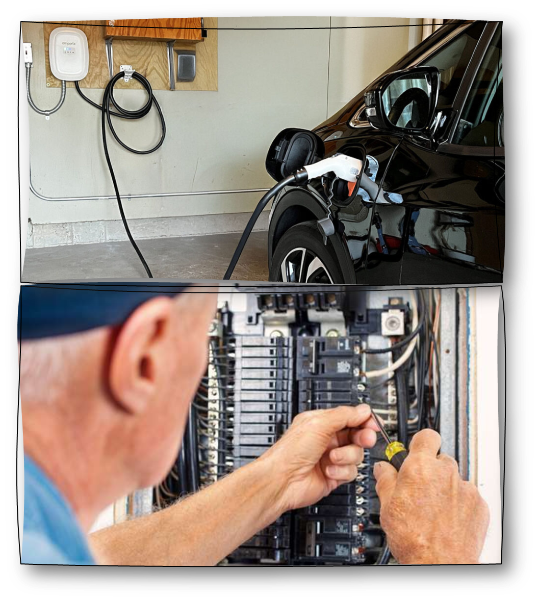 Electric vehicle charging in a home garage above, with an electrician working on a breaker panel below.