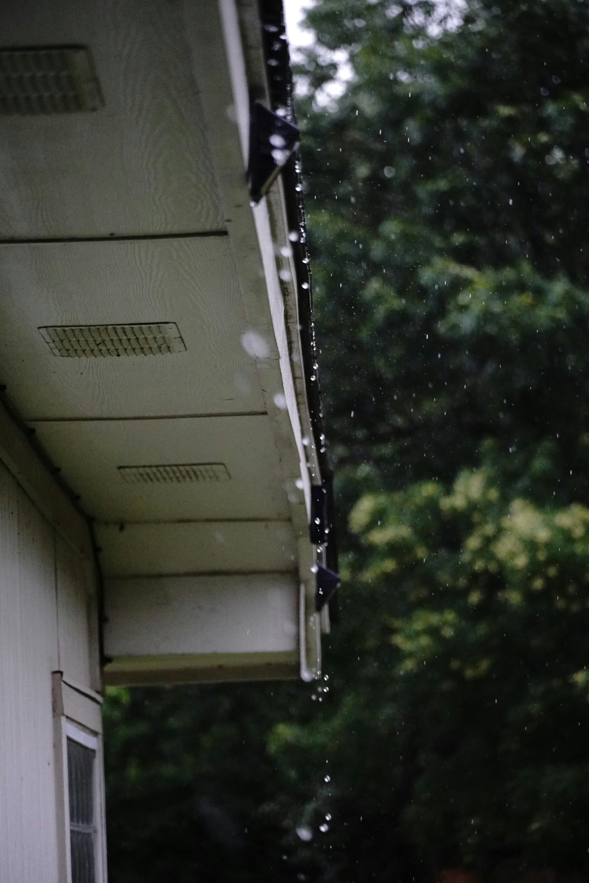 Close-up of a home’s rain gutter, emphasizing drainage and storm-season maintenance.