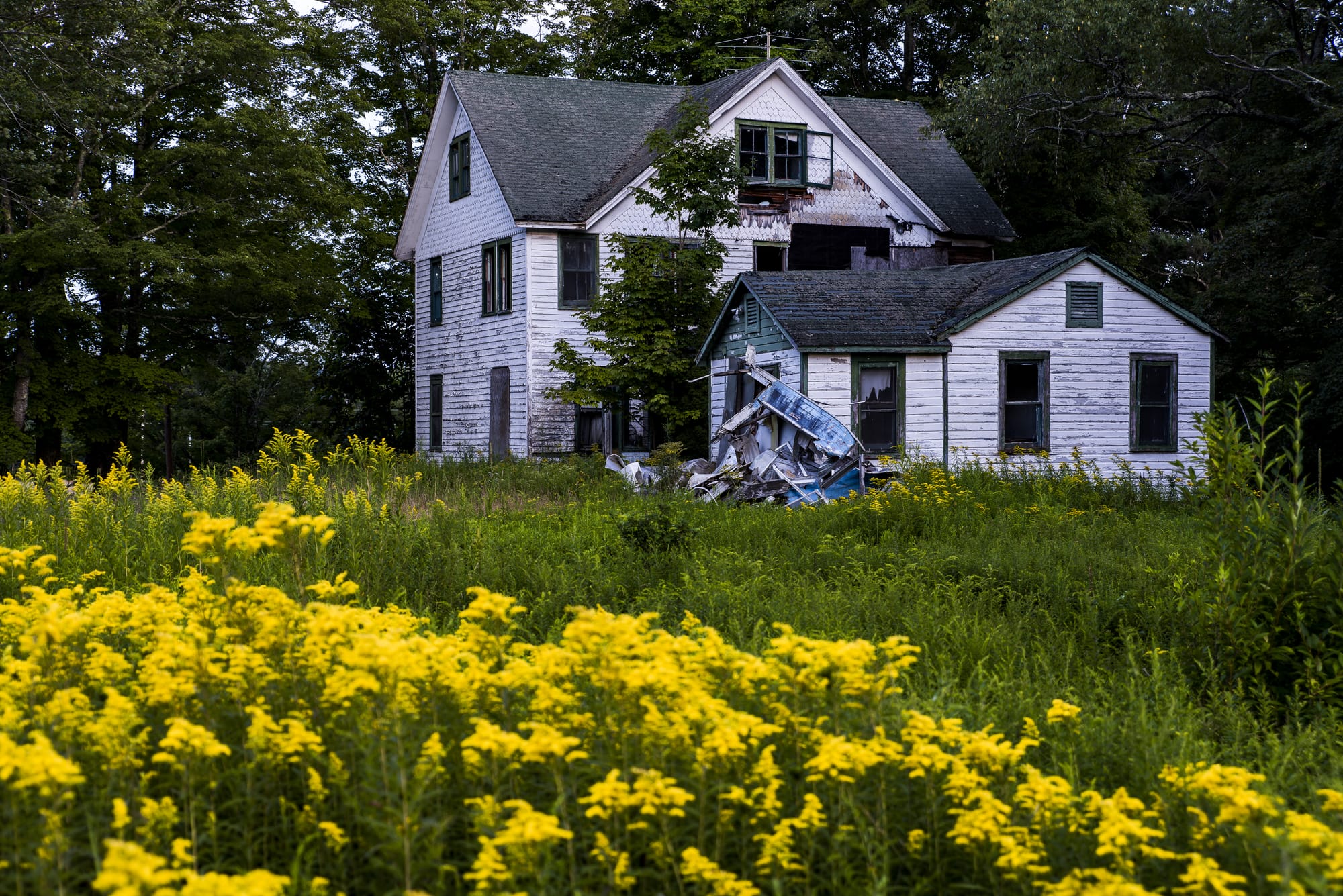 Abandoned white wooden house with broken windows and overgrown vegetation, showing signs of neglect.