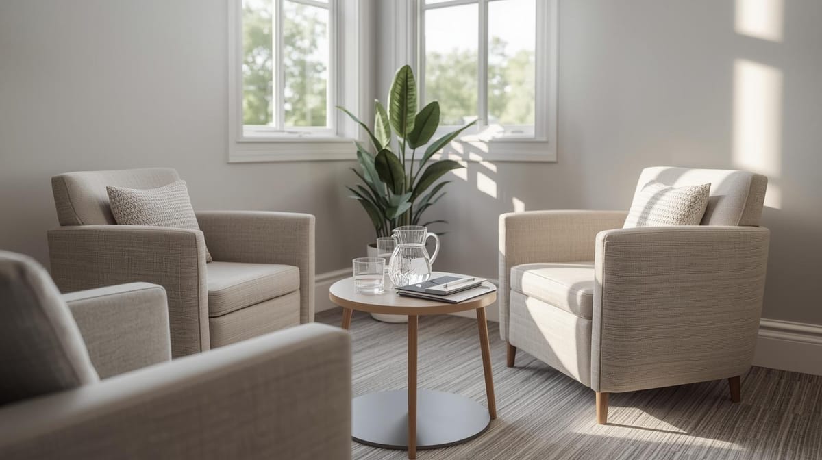 Interior of a counseling office in Massachusetts prepared for a rehab session