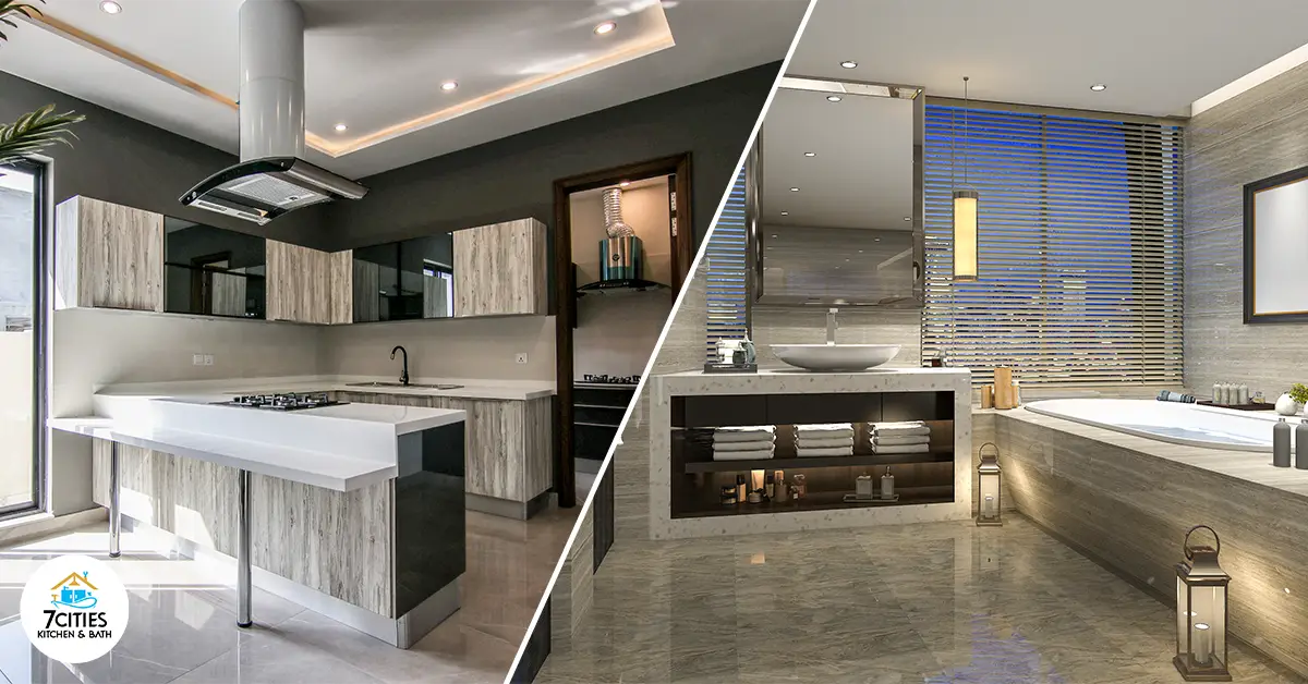 Modern kitchen with wood cabinets and island stove beside a luxury bathroom with marble sink and city view.