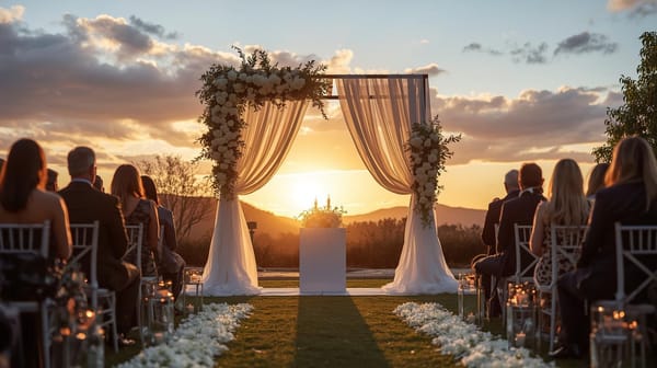 Outdoor wedding ceremony at sunset with a custom metal arch decorated with flowers and drapery