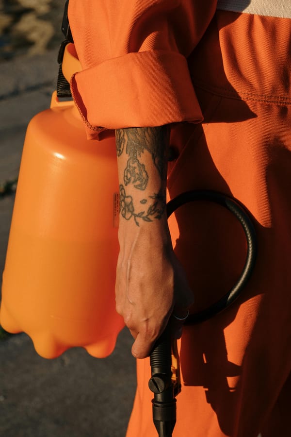 Close-up of a pest control worker in orange coveralls holding a hose and an orange pump sprayer, with a tattooed forearm visible.