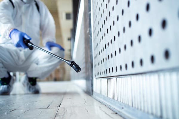 Person in protective suit spraying disinfectant indoors.