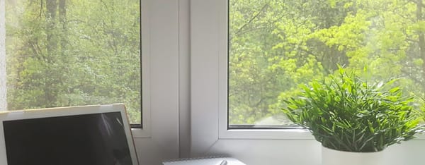 Peaceful workspace by a window with forest view and natural light.